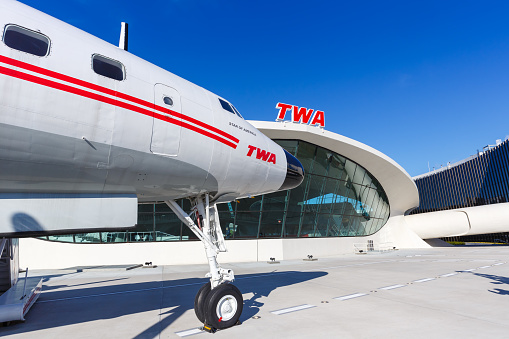 New York City, New York – February 29, 2020: TWA Trans World Airlines Lockheed L1649A Starliner airplane at New York JFK airport (JFK) in New York.