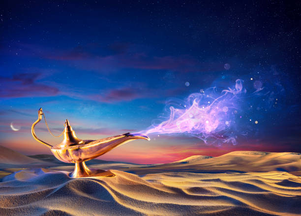 Wish lamp on the sand in the desert with Genie coming out Aladin Lamp of Wishes On Sand In Desert - Genie Coming Out Of The Bottle magic lamp photos stock pictures, royalty-free photos & images