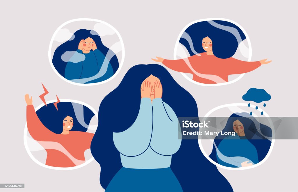 Young woman suffering from bipolar disorder, psychological diseases, schizophrenia. Young woman suffering from bipolar disorder, psychological diseases, schizophrenia. Girl surrounded by symptoms of bipolar disorder: euphoria, psychosis, depression, sad, empty, hopeless, tearful. Depression - Sadness stock vector