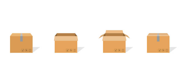 Carton box container set. Package delivery parcel with scotch and fragile sign. Open and closed carton pack with shadow. Warehouse symbol in flat design. Brown cardbox. Vector EPS 10. Carton box container set. Package delivery parcel with scotch and fragile sign. Open and closed carton pack with shadow. Warehouse symbol in flat design. Brown cardbox. Vector EPS 10 cardboard illustrations stock illustrations