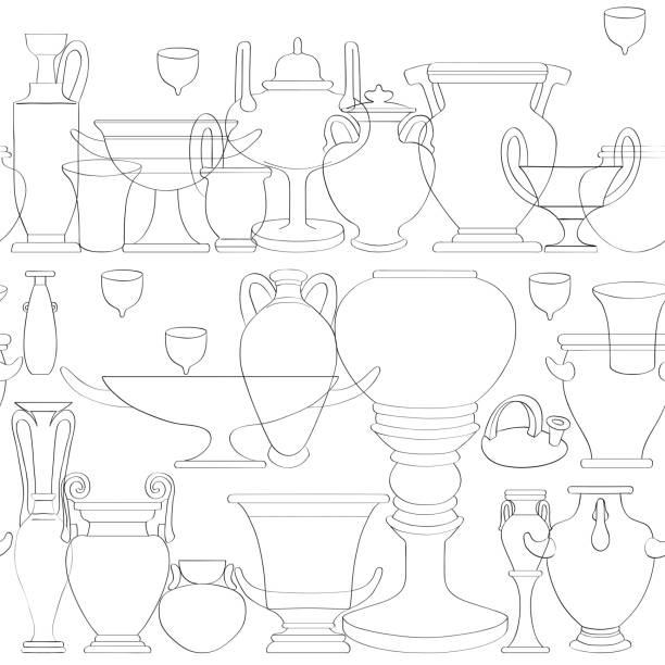 흰색 위에 그리스 골동품 용기와 흑백 매끄러운 패턴의 그림 - amphora ancient past greece stock illustrations