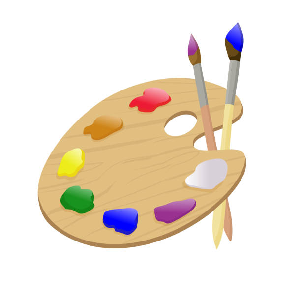 istock Wooden art palette with paints, and brushes for drawing. Items for creativity and learning. vector illustration 1256139347