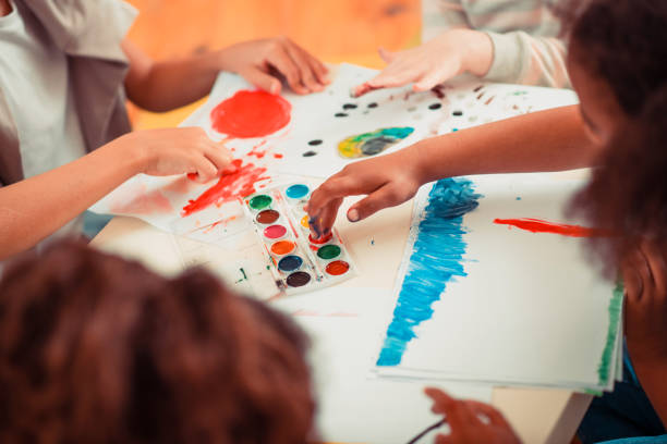Art skills. Kids draawing with fingers during the art class