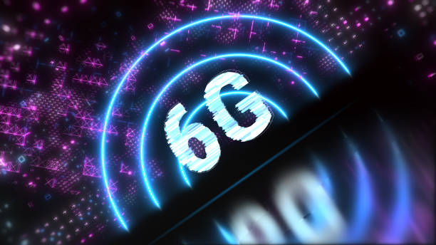 istock 6G fast mobile network and internet concept symbol. Tech style background 1256140289