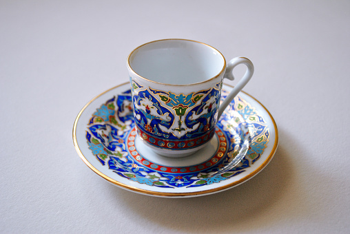 Authentic patterned Turkish coffee cup and saucer