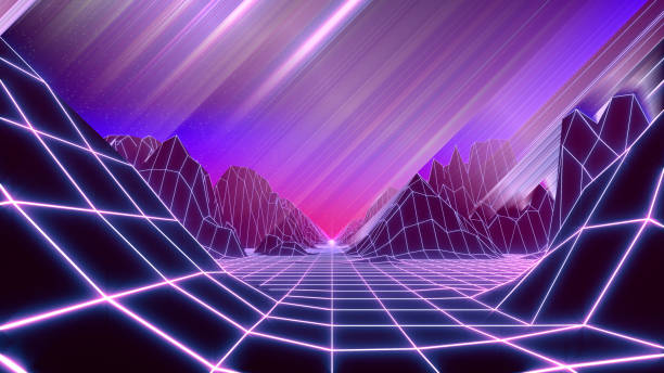 istock 80s retro background 3d render. Retrowave low poly landscape with neon lights 1256143297