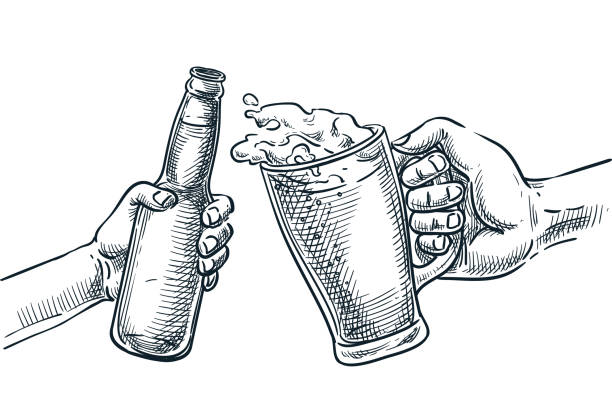 Human hand cheers with beer glass and bottle. Vector hand drawn sketch illustration. Octoberfest beer festival Human hand cheers with beer glass and bottle. Vector hand drawn sketch illustration, isolated on white background. Octoberfest beer festival or holiday party design elements beer glass splash stock illustrations