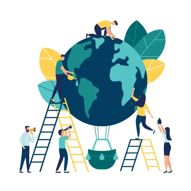 Vector illustration of Vector flat illustration, little people are preparing for the day of the environment, save the planet, a balloon in the form of a planet