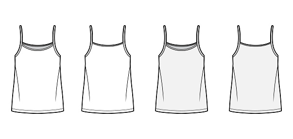 Camisole top technical fashion illustration with oversized body, bonded strap scoop neck. Flat cami shirt apparel template front, back, white and grey color. Women, men unisex CAD mockup