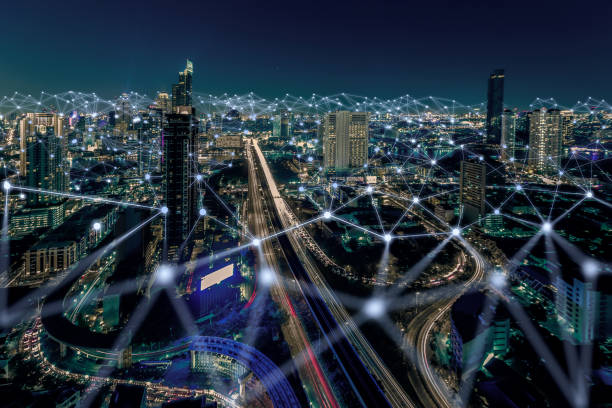technology Smart city and dot point connect Modern Telecom System ,Boundless connection technology concept.Blue tone internet everywhere stock pictures, royalty-free photos & images