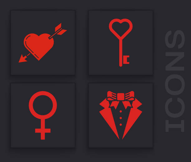 세트 슈트, 하트와 화살이 있는 아무르 기호, 하트 모양의 키, 여성 성별 기호 아이콘. 벡터 - heart shape heart suit valentines day love stock illustrations