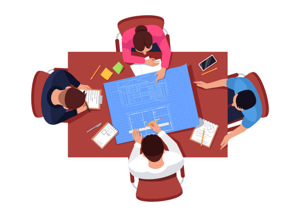 Architect team meeting plan semi flat RGB color vector illustration Architect team meeting semi flat RGB color vector illustration. Workers at office workplace. Teamwork on project blueprint. Builder isolated cartoon characters top view on white background four people office stock illustrations