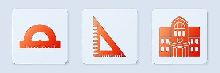 Set Triangular ruler, Protractor grid for measuring degrees and School building. White square button. Vector