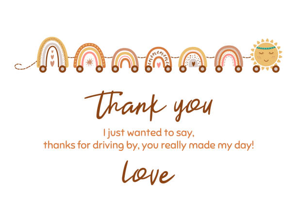 Cute thank you card with train from pastel scandinavian rainbow, star. Baby shower element. Vector Cute thank you card with train from pastel scandinavian rainbow, star. Baby shower element. Kids birthday thanks card template. Vector illustration. Baby poster for girls, boys. Gender neutral. baby shower card stock illustrations