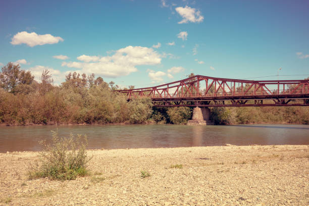 Road bridge over the river. Tisza River near Khust