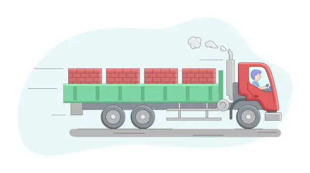 Vector illustration of Construction Concept. Truck Flatbed Van Loaded By Brick On Pallets. Worker Riding Truck. Construction Machinery Operator Jobs. Male Character At Work. Cartoon Linear Outline Flat Vector Illustration