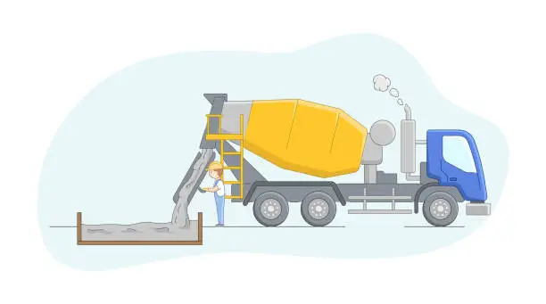 Vector illustration of Construction Concept. Concrete Mixer Driver At Work. Worker Controls Concreting Process. Construction Machinery Operator Jobs. Male Character At Work. Cartoon Linear Outline Flat Vector Illustration