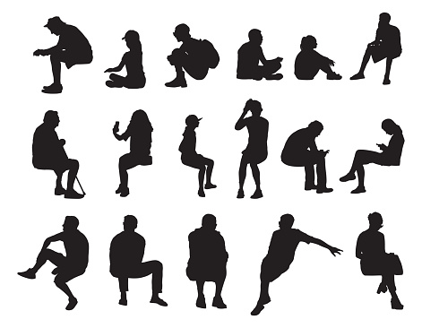 Vector silhouettes of people sitting in various positions.