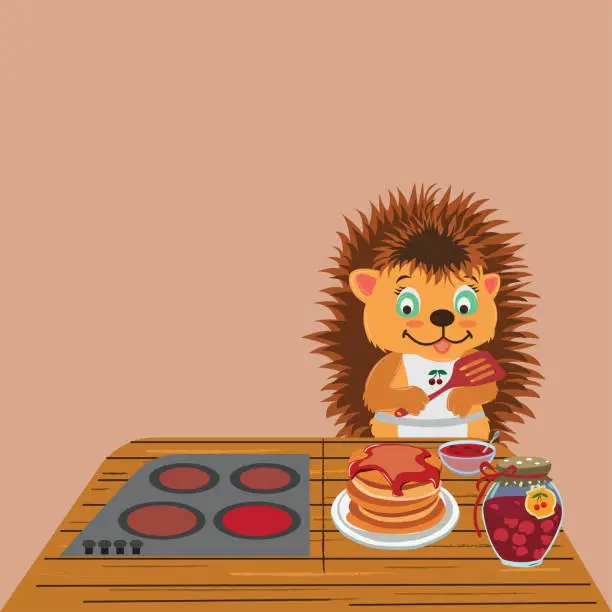 Vector illustration of Character hedgehog in an apron prepares pancakes