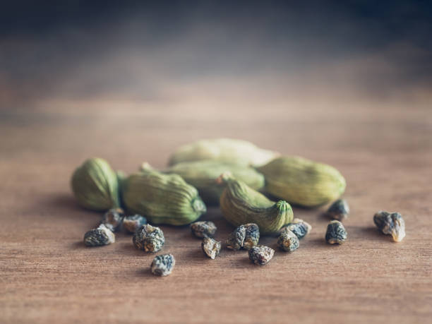 baccello di cardamomo con semi, primo piano. - photography cardamom pod green foto e immagini stock