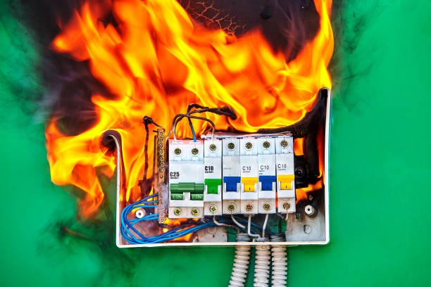 un corto circuito ha causato un incendio elettrico. - electricity fire circuit board short foto e immagini stock