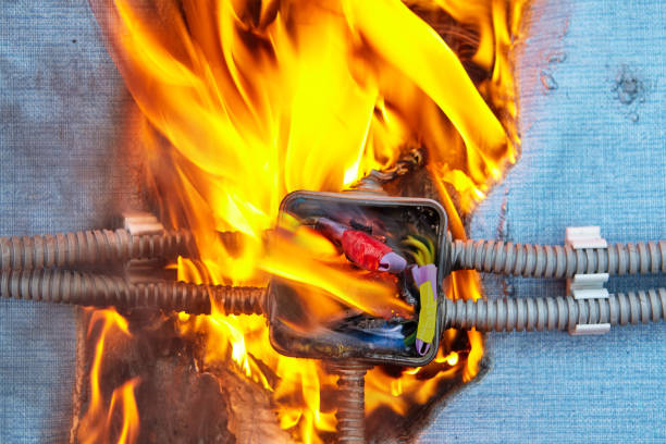 incendio elettrico dovuto a un corto circuito di cablaggio. - electricity fire circuit board short foto e immagini stock