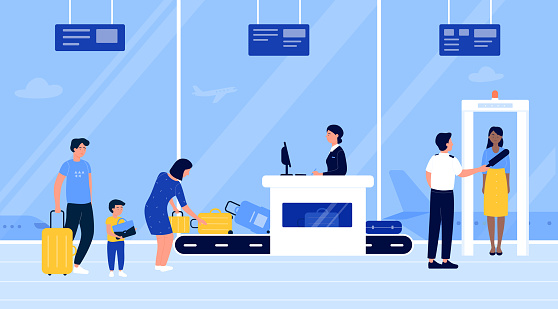 People in airport security check vector illustration. Cartoon flat passengers put luggage baggage on conveyor belt machine, go through scanner checkpoint gate. Airline terminal interior background