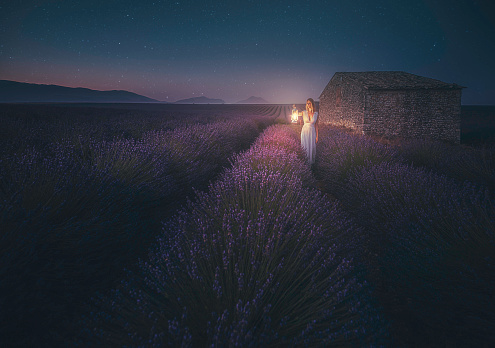 The girl with blue dress walking while holds a large old classic kerosene oil or gas lamp in the dark area of endless lavenders field under stars at night in Valensole, Provence, France