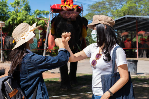 istock Women traveler with new normal. 1256156466
