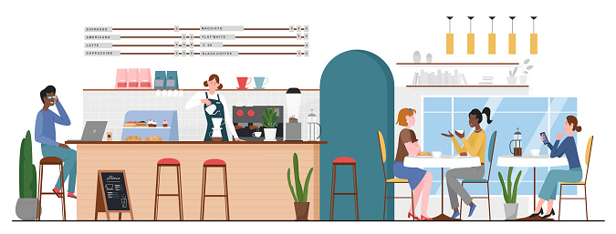 People in bar cafe vector illustration. Cartoon flat man woman friend characters meeting at cafeteria for coffee cup or dessert and talking, barista making hot drink at bar counter interior background
