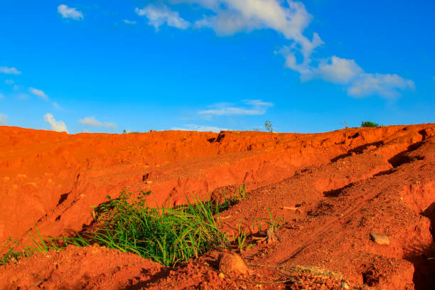 The red land is under the blue sky and white clouds.