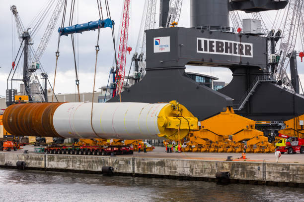 Construction parts for offshore wind farms stock photo