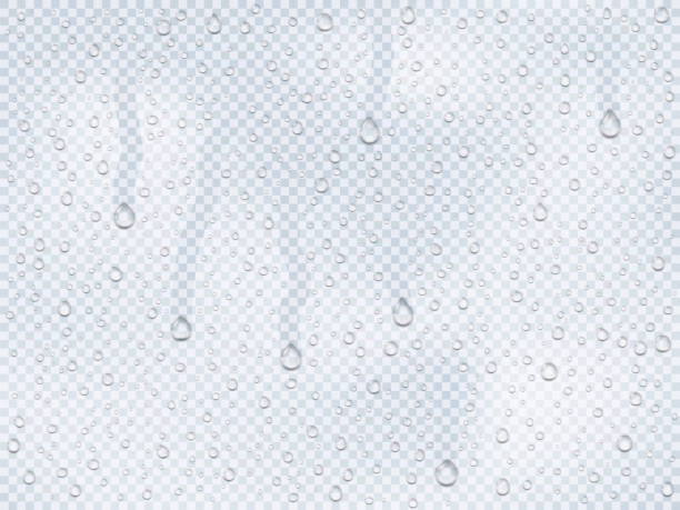 Realistic water droplets on the glass Realistic water droplets on the glass, rain drops on a window or steam transudation in shower, water droplets condensed on cold surface an isolated template condensation stock illustrations