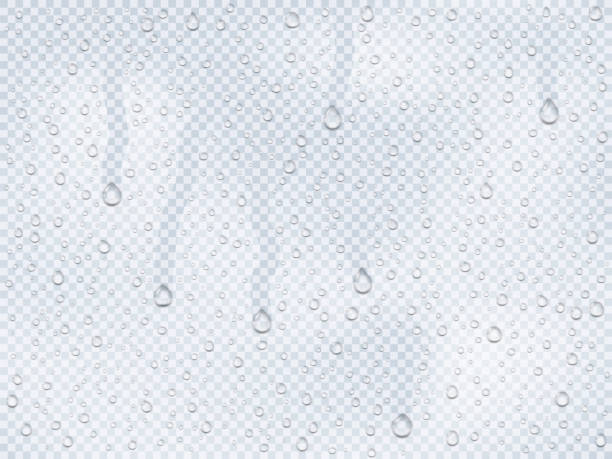 Realistic water droplets on the glass Realistic water droplets on the glass, rain drops on a window or steam transudation in shower, water droplets condensed on cold surface an isolated template sweat stock illustrations