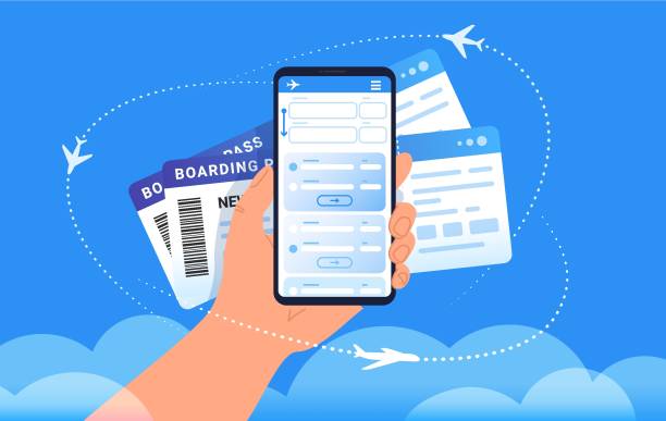 ilustrações de stock, clip art, desenhos animados e ícones de boarding pass mobile add for online check-in and airplanes flying around in clouds - technology mobile phone cloudscape cloud