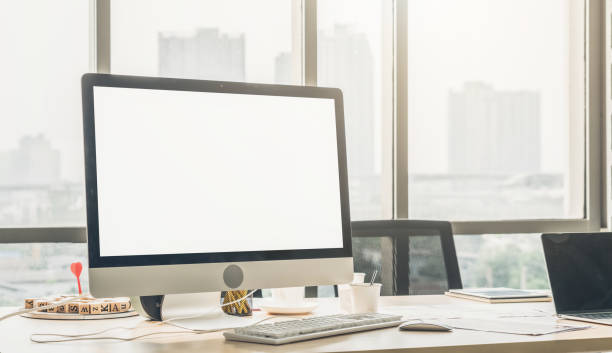 istock Empty computer monitor screen for design mock up template 1256157568