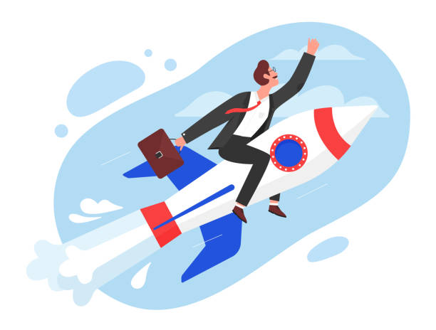 istock Business startup concept vector illustration, cartoon flat superhero businessman character flying in sky on fast rocket, start new idea project 1256157627