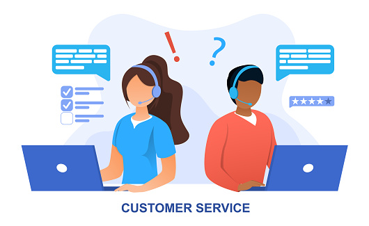 Customer Service concept with online personnel working on laptops taking calls and answering queries, colored vector illustration