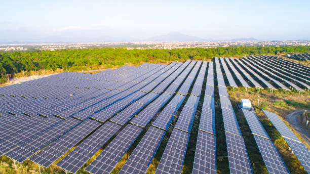 istock Modern large-scale photovoltaic solar panels. 1256158086
