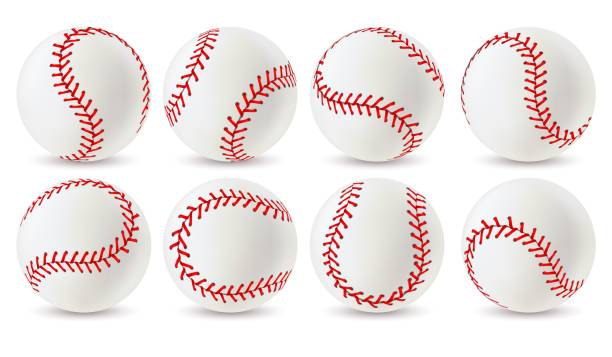 ilustraciones, imágenes clip art, dibujos animados e iconos de stock de pelota de béisbol. softball blanco de cuero con puntadas de encaje rojo, equipo deportivo para el juego. bolas atléticas con costuras realistas conjunto vectorial - baseball