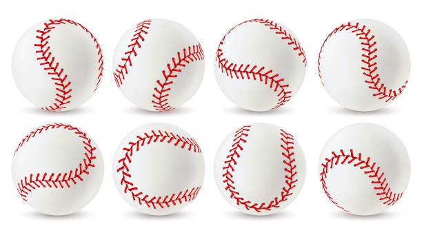 ilustrações, clipart, desenhos animados e ícones de bola de beisebol. softball branco de couro com pontos de renda vermelhos, equipamento esportivo para o jogo. bolas atléticas com costuras realistas conjunto vetorial - sports equipment baseball player sport softball