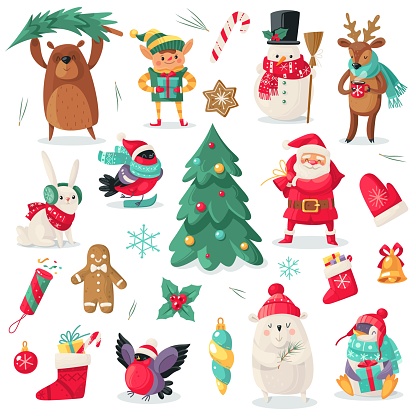 Christmas characters. Cartoon animals bullfinch, bear, rabbit and penguin, xmas gift. Santa and snowman, holiday tree, elf and deer new year vector isolated set