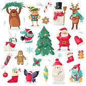 istock Christmas characters. Cartoon animals bullfinch, bear and penguin, gift. Santa and snowman, holiday tree, elf and deer new year vector set 1256158765