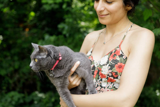Woman and Cat Outdoors stock photo