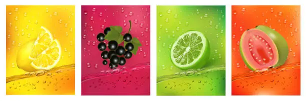 Vector illustration of Fresh fruits juice splashing together- guava, blackberry, citron, lime juice drink splashing. 3d fresh fruits. Vector illustration