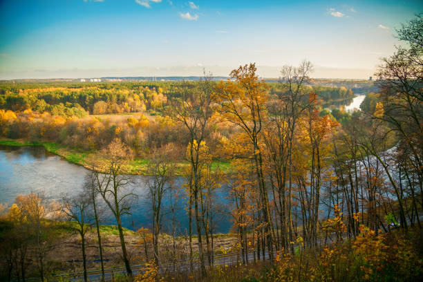 Autumn view to the Neris river hrom the hill in Verkiai regional park, Vilnius, Lithuania