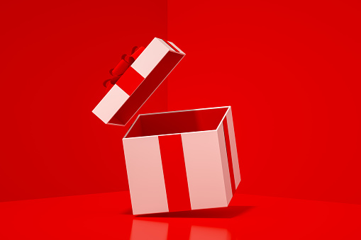 3d rendering of White Open Gift Box. Minimal Christmas, Party concept. Open gift box. Red background.