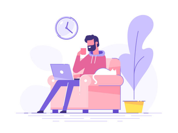 ilustrações de stock, clip art, desenhos animados e ícones de young bearded man is working at home and drinking coffee. cozy room interior. freelance and teleworking concept. modern vector illustration. - home office