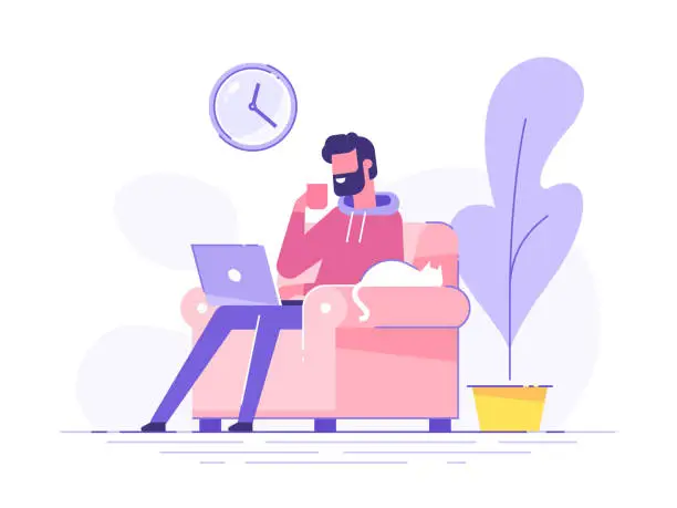 Vector illustration of Young bearded man is working at home and drinking coffee. Cozy room interior. Freelance and teleworking concept. Modern vector illustration.