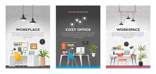 Vector illustration of Creative set of office interiors in loft space. Modern cozy workspace with wooden table, laptop, desk lamp, book shelf, folders, plants, clock etc. Vodern vector illustration.